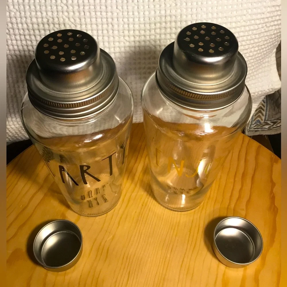 🍸Rae Dunn Cocktail Shaker Shake Party and Enjoy Clear Glass & Metal Lot 2